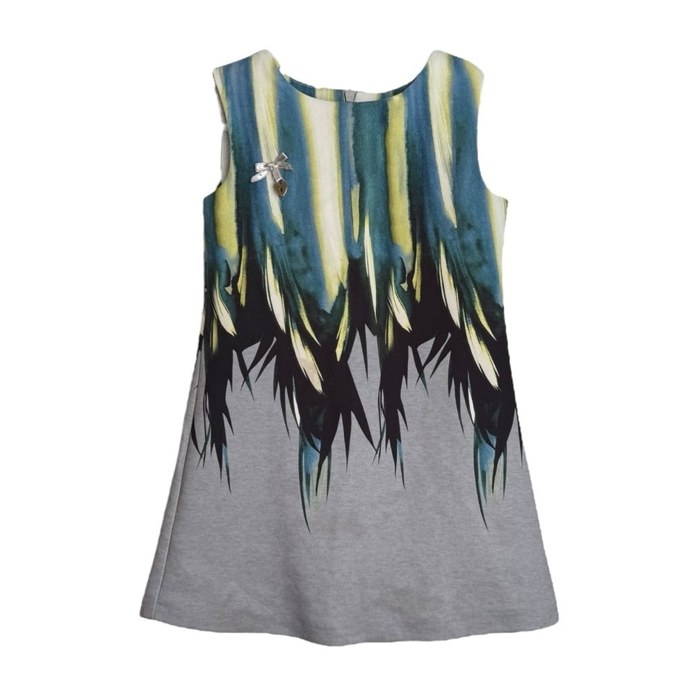 Carlucci Kids Sleeveless Feather Print Dress Girl Size 3T Gray Blue Formal Lined